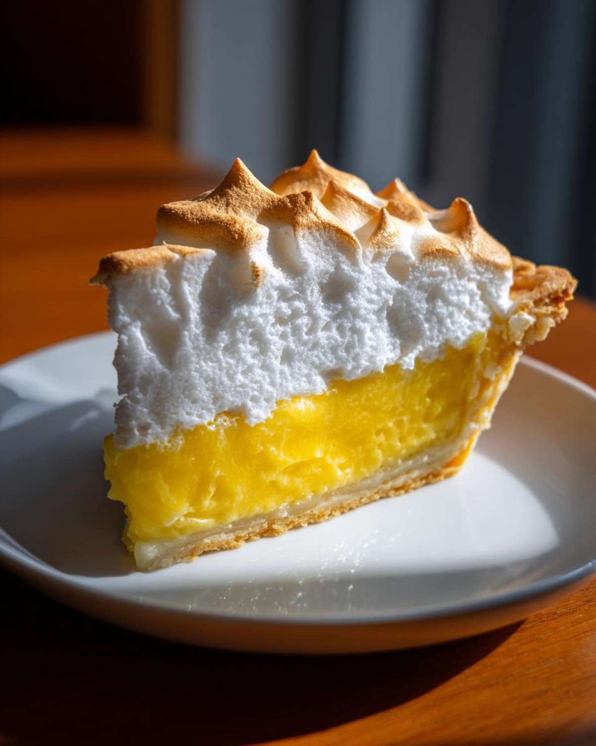 A tall slice of classic lemon pie featuring bright yellow filling and peaks of toasted meringue on a white plate.