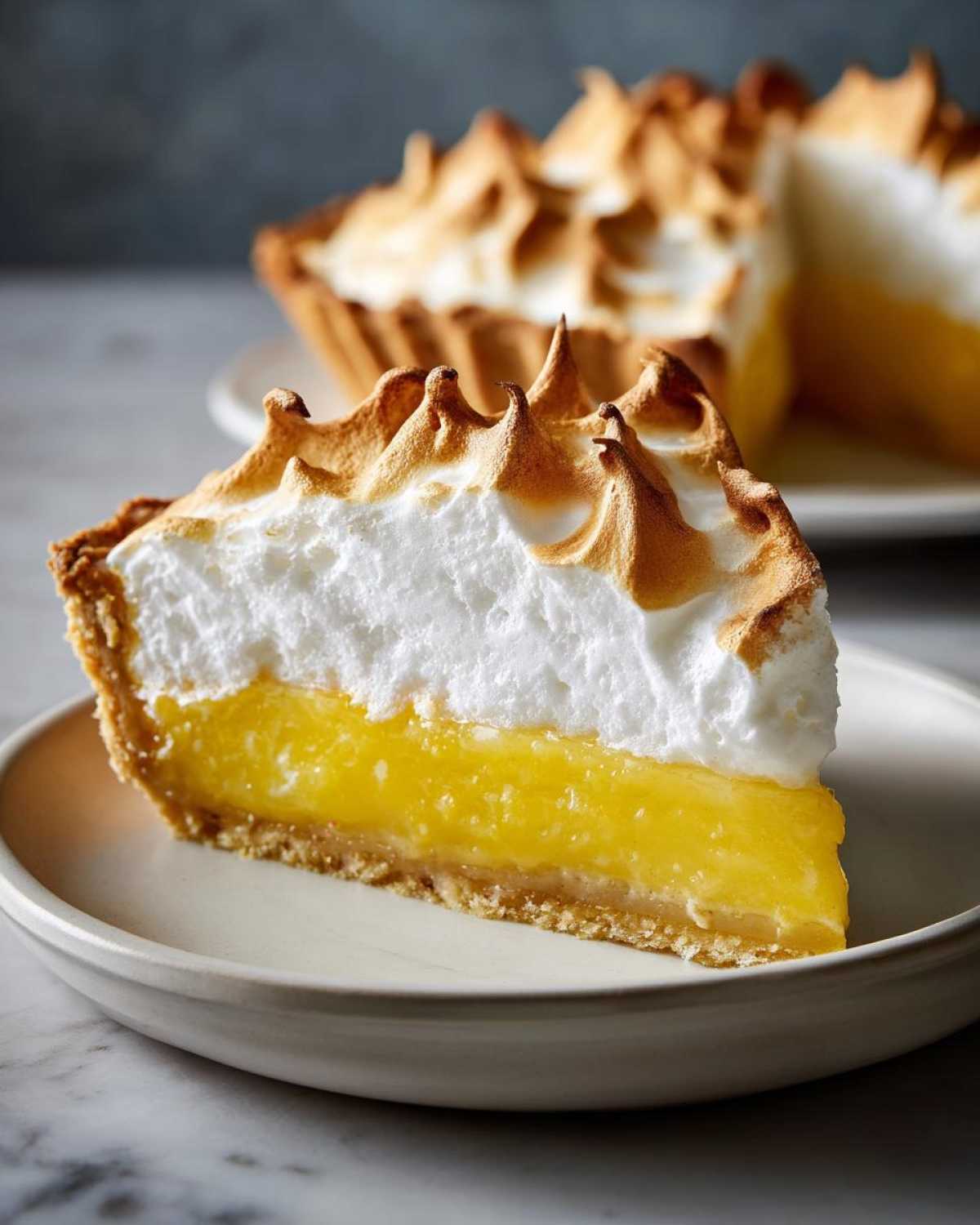 A perfect slice of classic lemon pie featuring a thick, bright yellow filling and tall, toasted meringue topping.