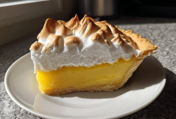A perfect slice of classic lemon pie featuring bright yellow filling and tall, toasted meringue topping on a white plate.
