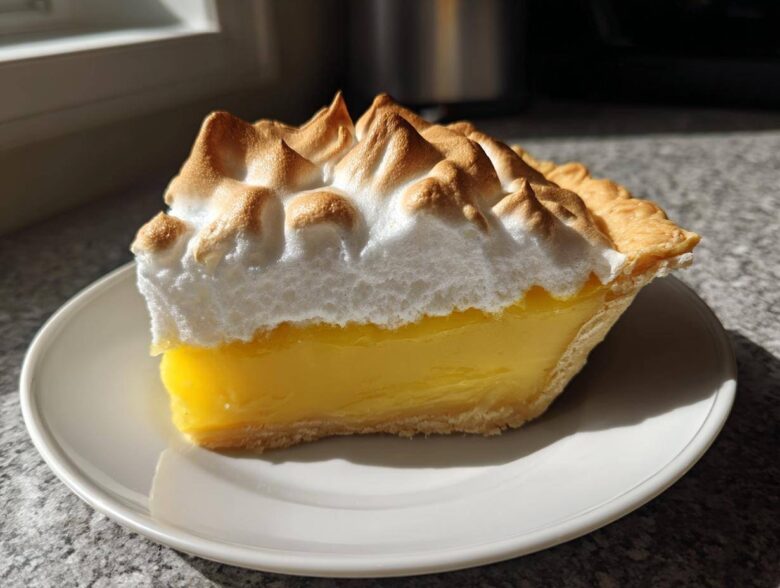 A perfect slice of classic lemon pie featuring bright yellow filling and tall, toasted meringue topping on a white plate.