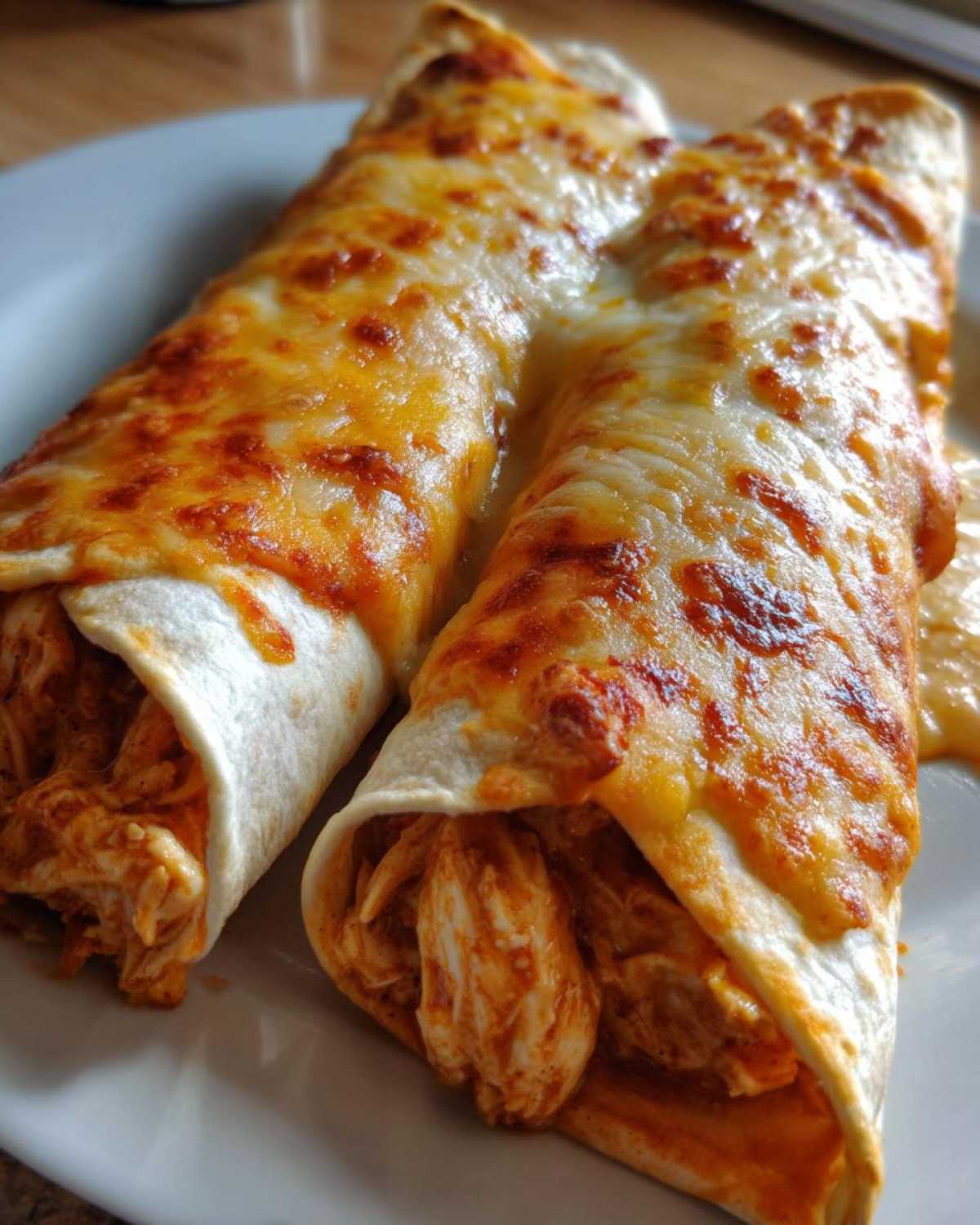 Two rolled tortillas filled with shredded chicken, covered in melted, bubbly cheese, representing easy chicken enchiladas.