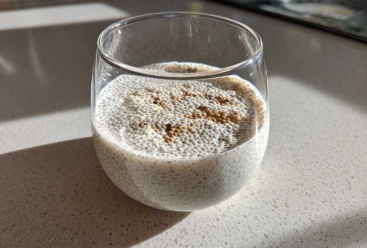 Close-up of a serving of coconut chia pudding topped with cinnamon in a clear glass.