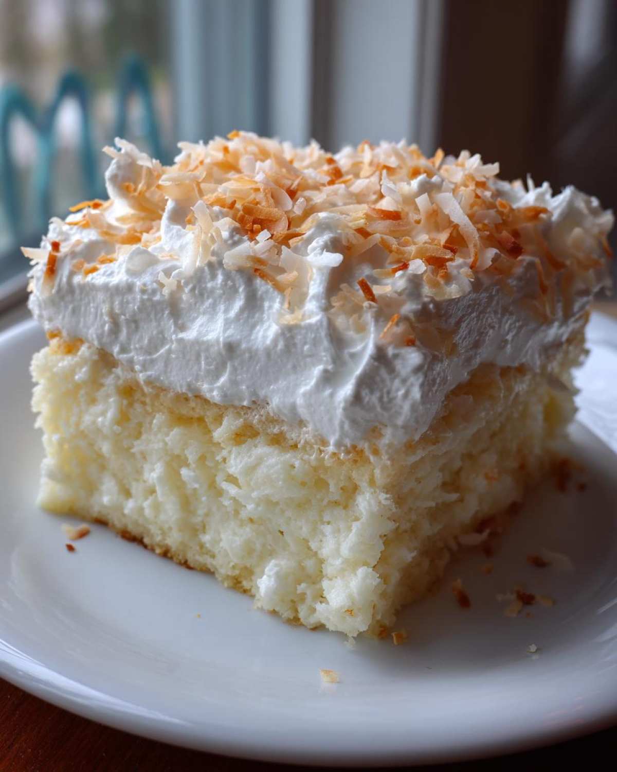 A moist slice of coconut poke cake topped with thick whipped cream and toasted coconut flakes.