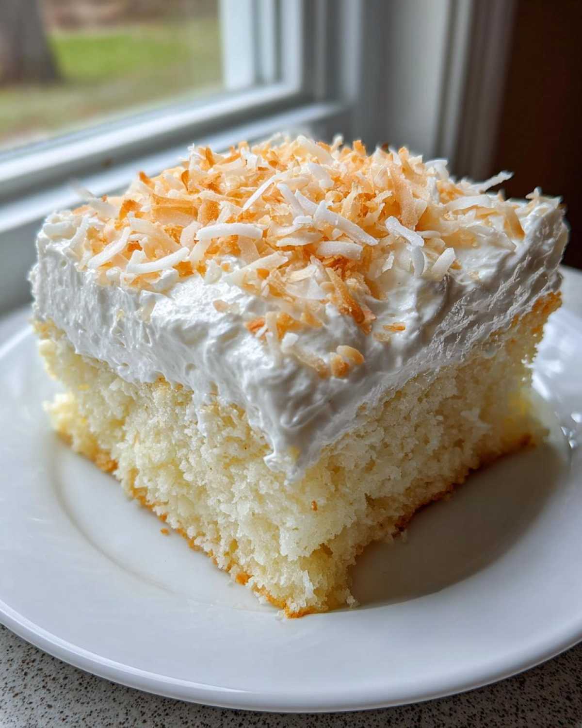 A moist square slice of coconut poke cake topped with whipped cream and toasted coconut flakes.