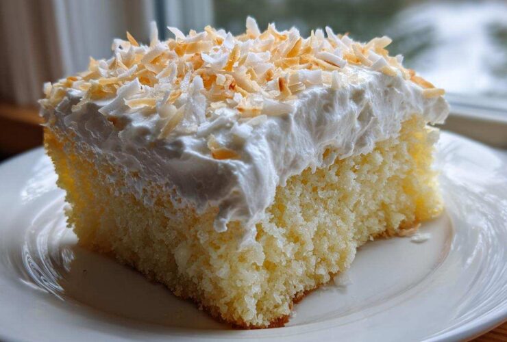 A moist slice of coconut poke cake topped with whipped cream and toasted coconut flakes.