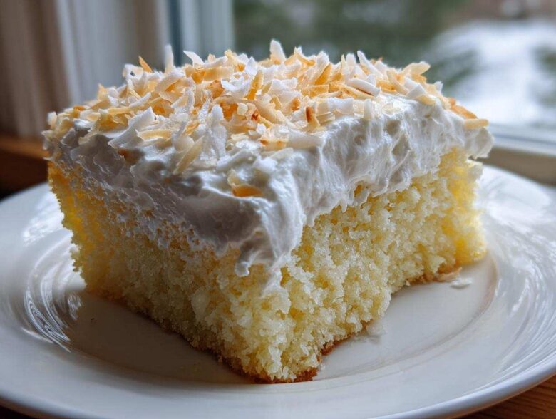 A moist slice of coconut poke cake topped with whipped cream and toasted coconut flakes.