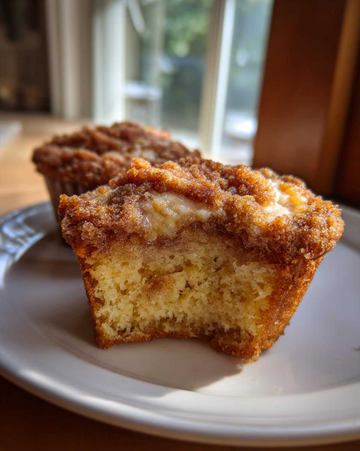 Close-up of a Coffee Cake Muffin with Crumble Magic, showing a bite taken out, revealing the moist interior and thick cinnamon topping.
