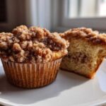 Two Coffee Cake Muffins with Crumble Magic, one whole and one halved to show the interior, sitting on a white plate.