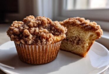 Two Coffee Cake Muffins with Crumble Magic, one whole and one halved to show the interior, sitting on a white plate.