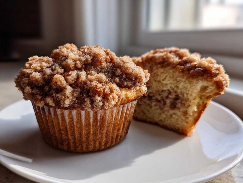 Two Coffee Cake Muffins with Crumble Magic, one whole and one halved to show the interior, sitting on a white plate.