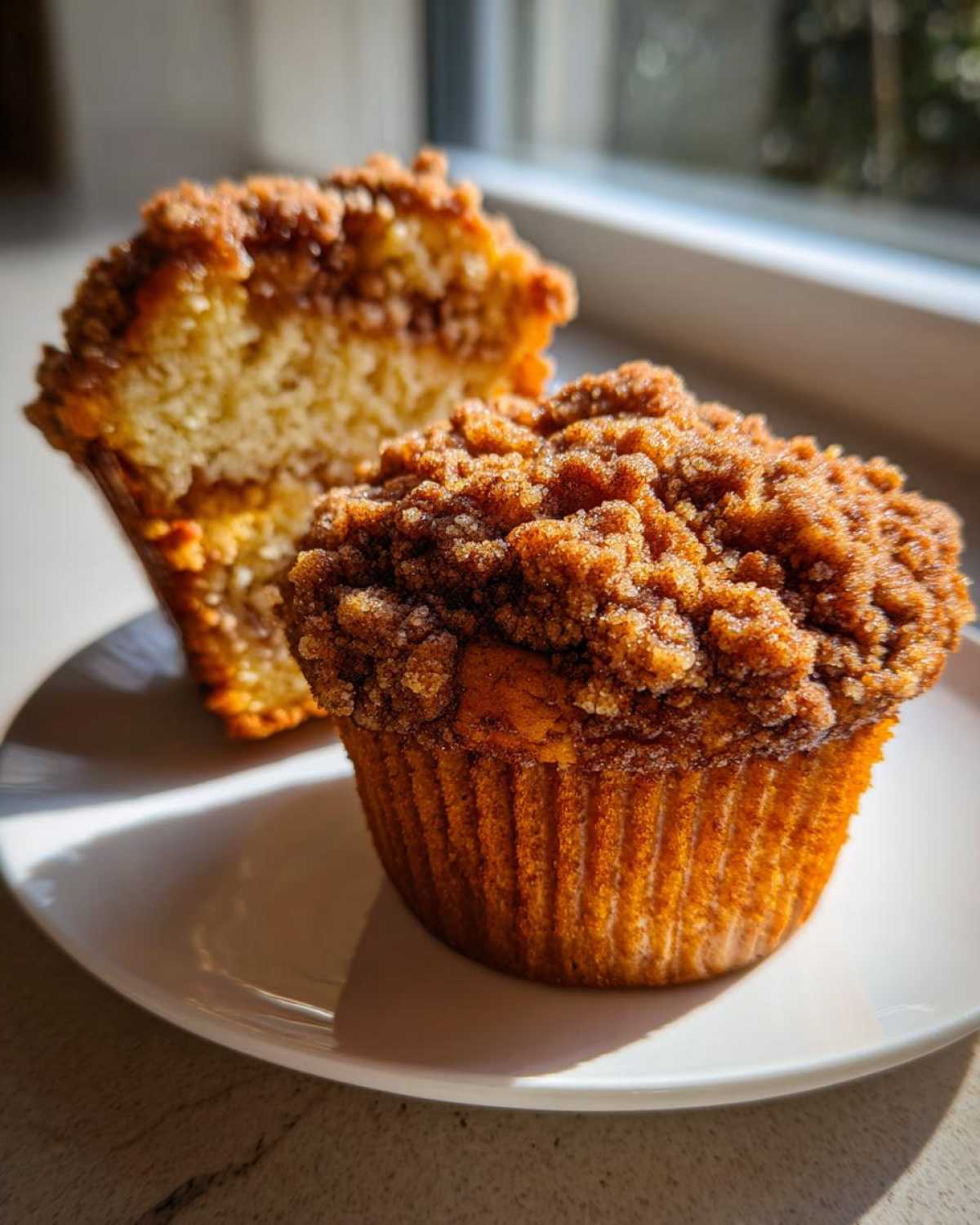 Two Coffee Cake Muffins with Crumble Magic, one whole and one halved showing the interior texture.
