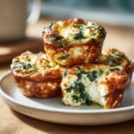 A stack of golden-brown Cottage Cheese Egg Cups With Spinach & Feta on a plate, one with a bite taken out.