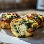Three golden-brown Cottage Cheese Egg Cups With Spinach & Feta served on a white plate, one cut open showing the filling.