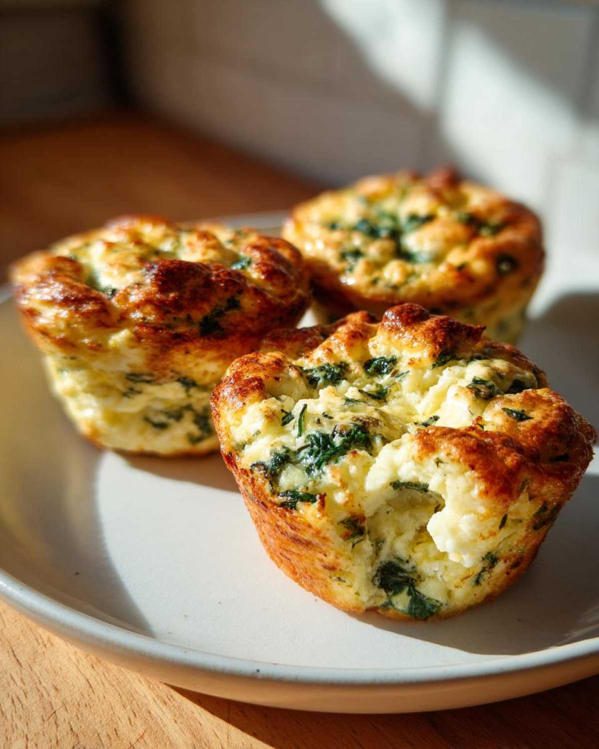 Three golden-brown Cottage Cheese Egg Cups With Spinach & Feta served on a light plate.