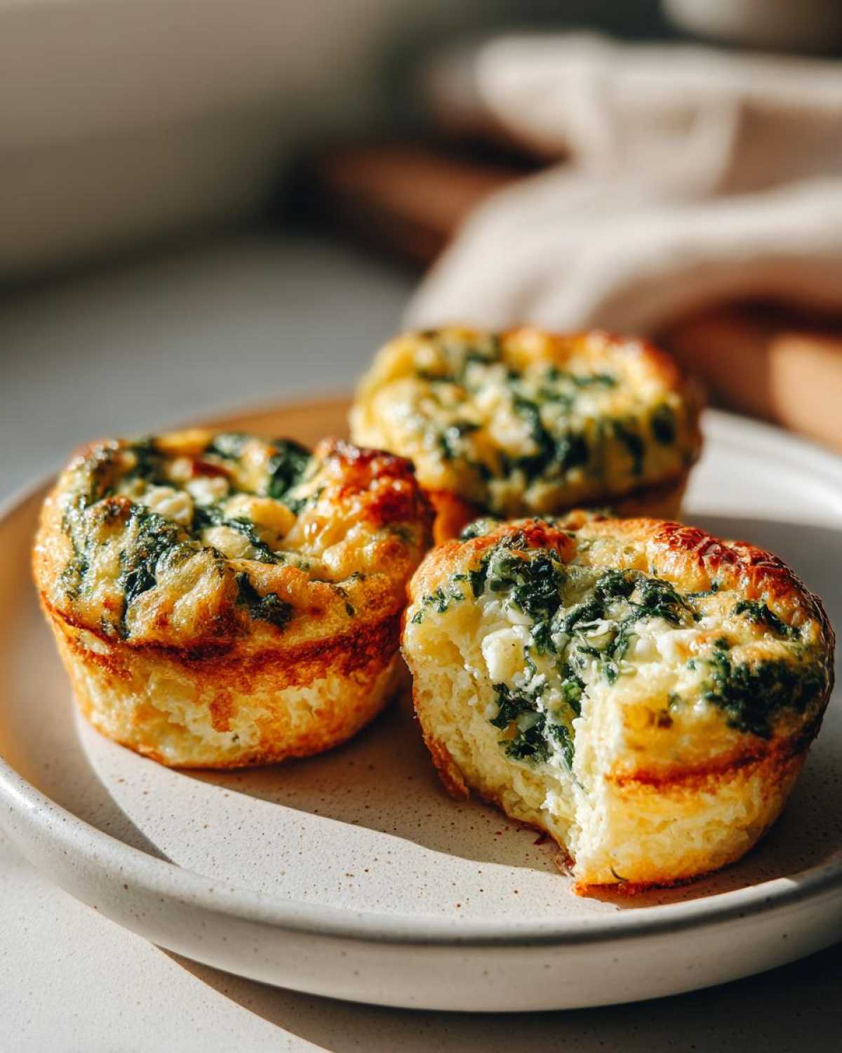 Three baked Cottage Cheese Egg Cups With Spinach & Feta on a plate, one with a bite taken out showing the fluffy interior.