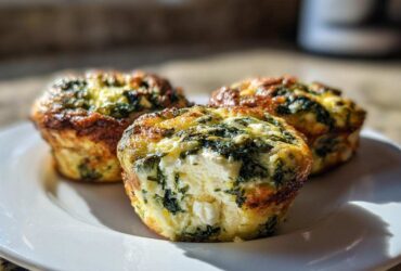 Three golden-brown Cottage Cheese Egg Cups With Spinach & Feta served on a white plate, one cut open showing the filling.