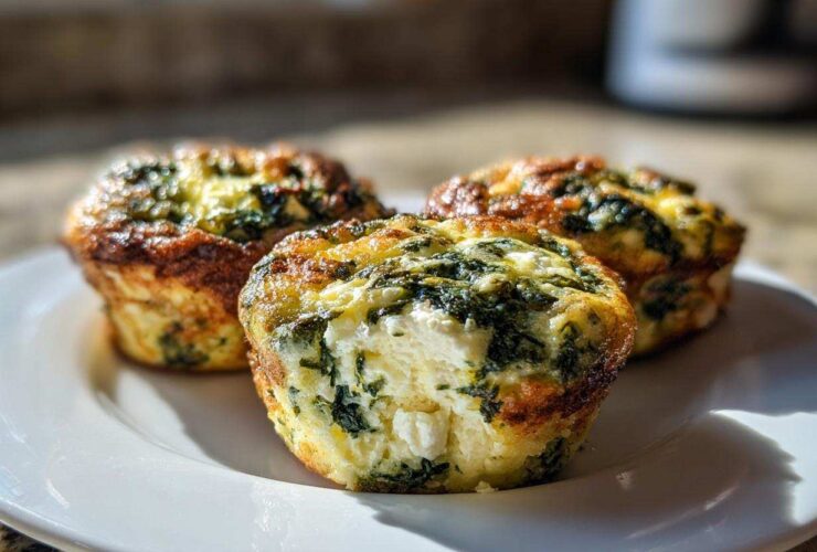Three golden-brown Cottage Cheese Egg Cups With Spinach & Feta served on a white plate, one cut open showing the filling.