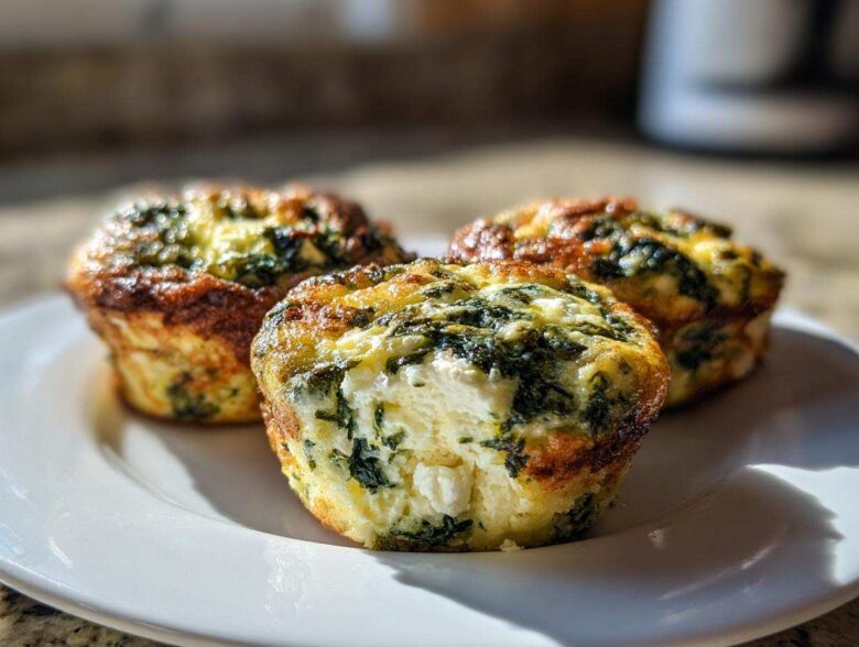 Three golden-brown Cottage Cheese Egg Cups With Spinach & Feta served on a white plate, one cut open showing the filling.