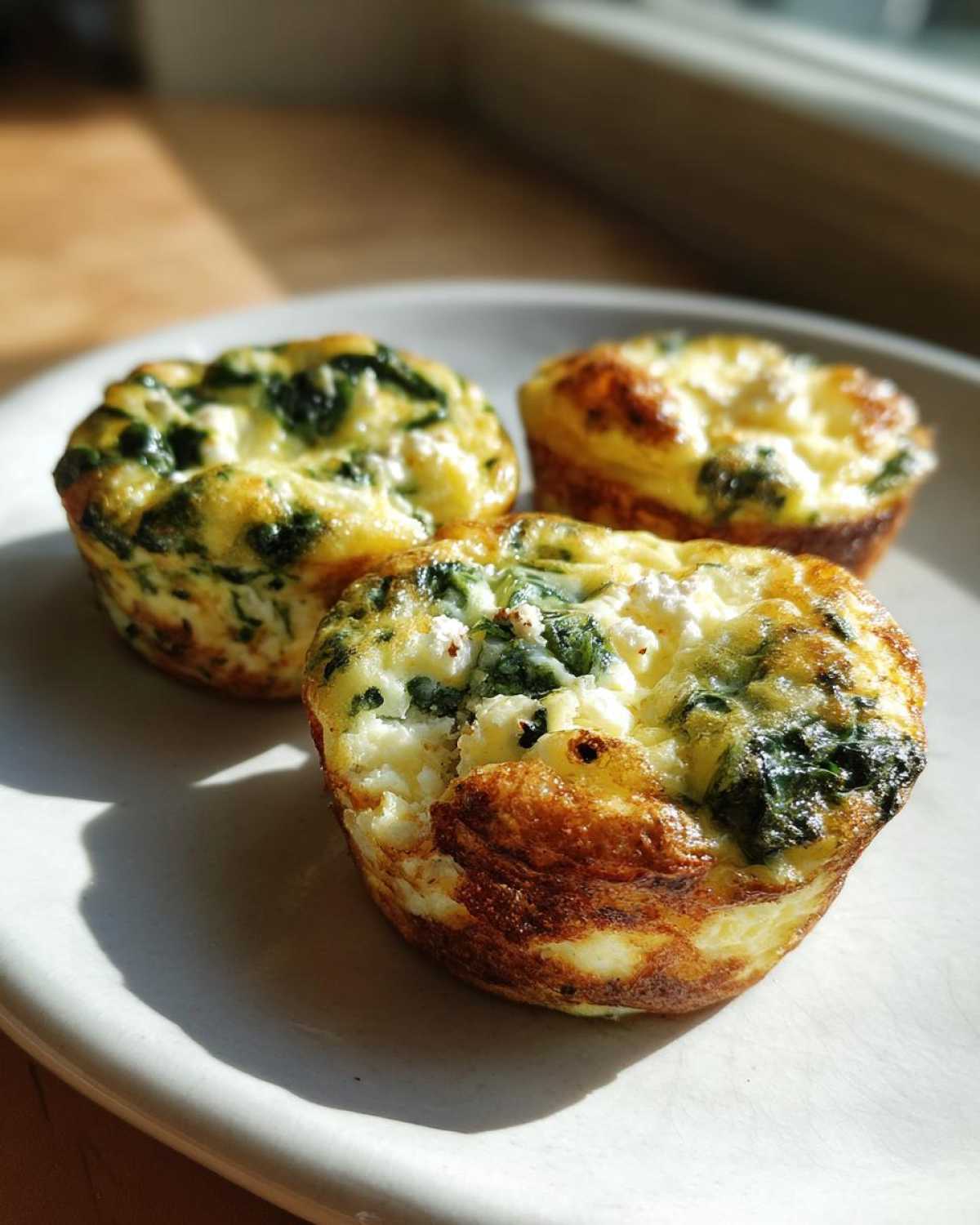 Three golden-brown Cottage Cheese Egg Cups With Spinach & Feta served on a light plate in bright sunlight.