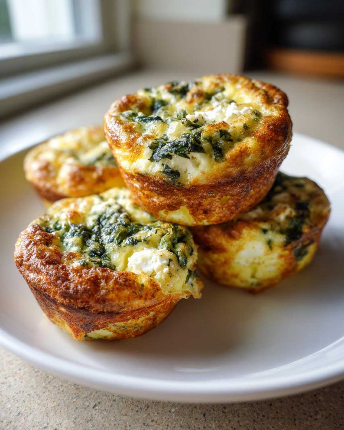 A stack of four golden-brown Cottage Cheese Egg Cups With Spinach & Feta on a white plate.