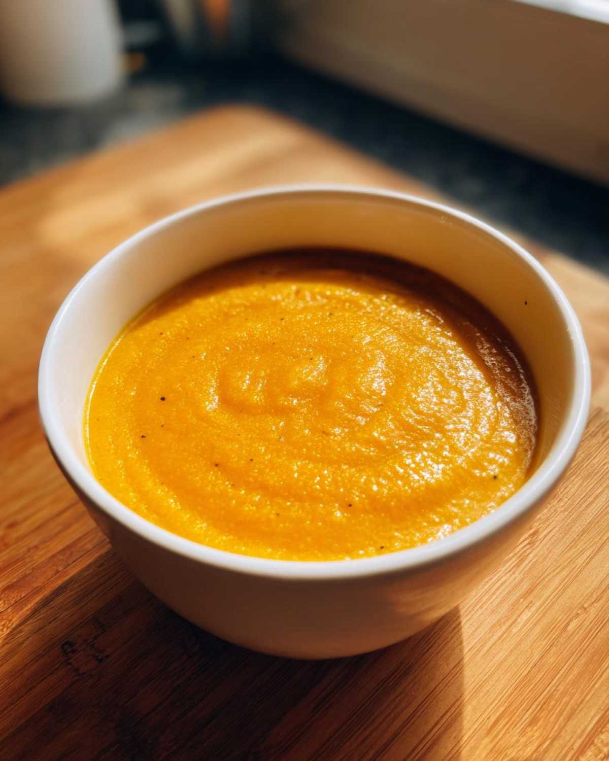 A close-up of thick, vibrant orange Cozy Butternut Squash Soup served in a white bowl on a wooden surface.