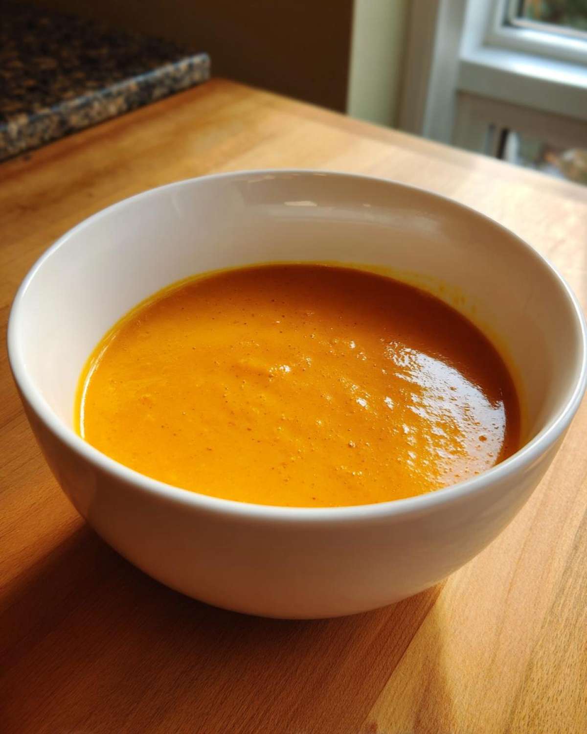 A white bowl filled with vibrant orange Cozy Butternut Squash Soup sitting on a wooden countertop near a window.