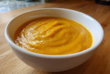 A close-up of a bowl filled with thick, vibrant orange Cozy Butternut Squash Soup resting on a wooden countertop.
