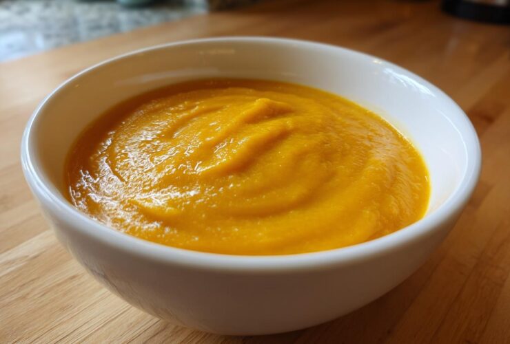 A close-up of a bowl filled with thick, vibrant orange Cozy Butternut Squash Soup resting on a wooden countertop.