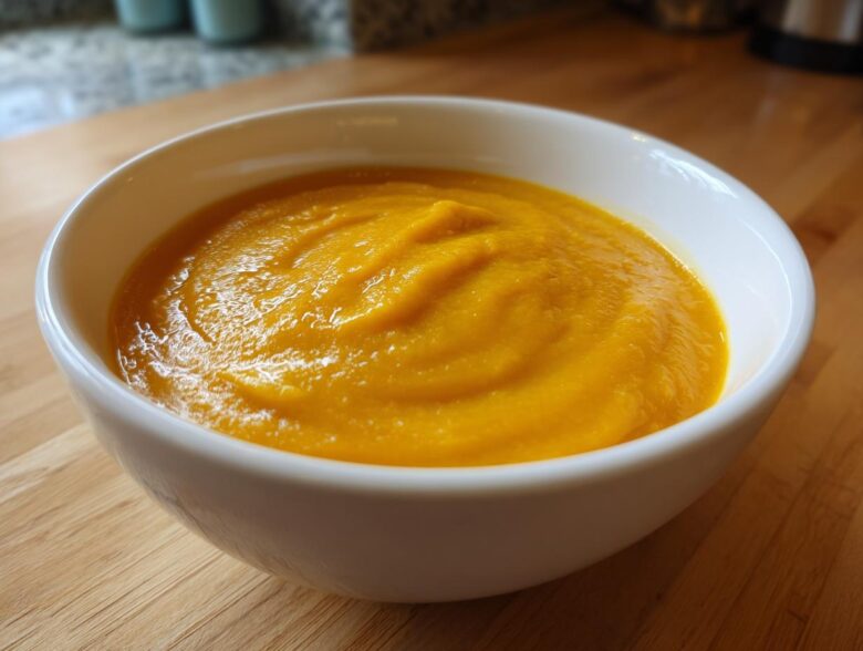 A close-up of a bowl filled with thick, vibrant orange Cozy Butternut Squash Soup resting on a wooden countertop.