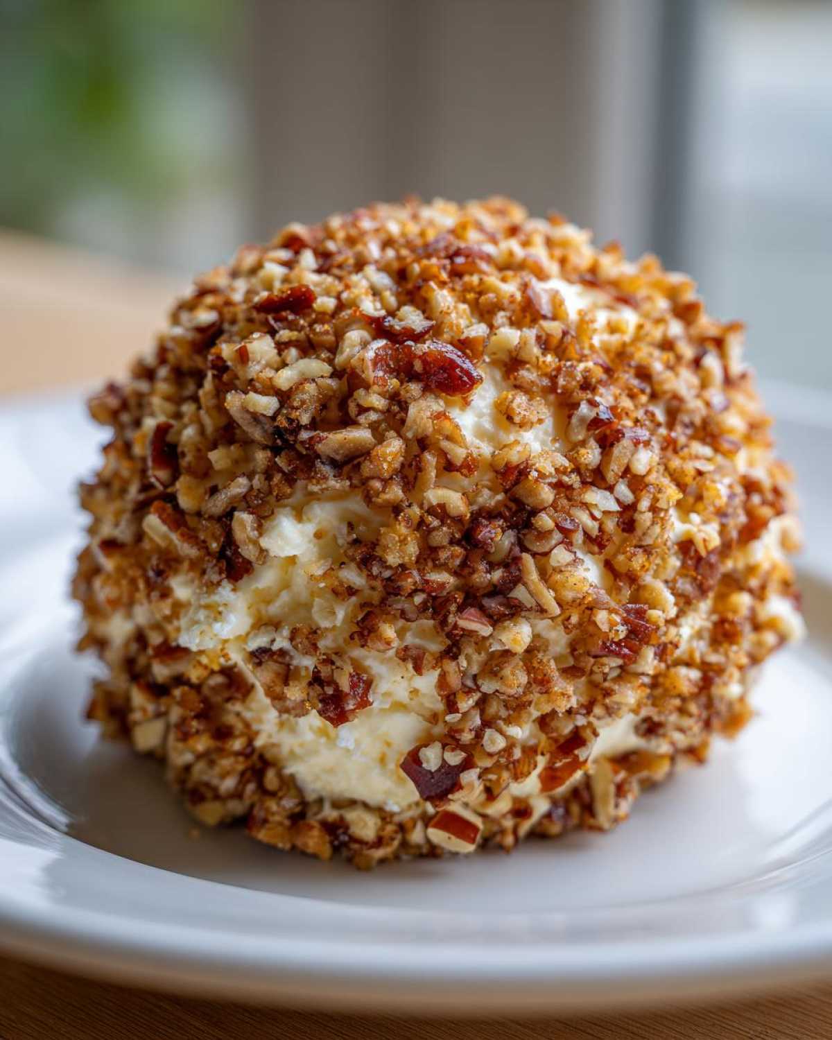 A close-up of a creamy cheese ball recipe fully coated in chopped, toasted pecans or walnuts.