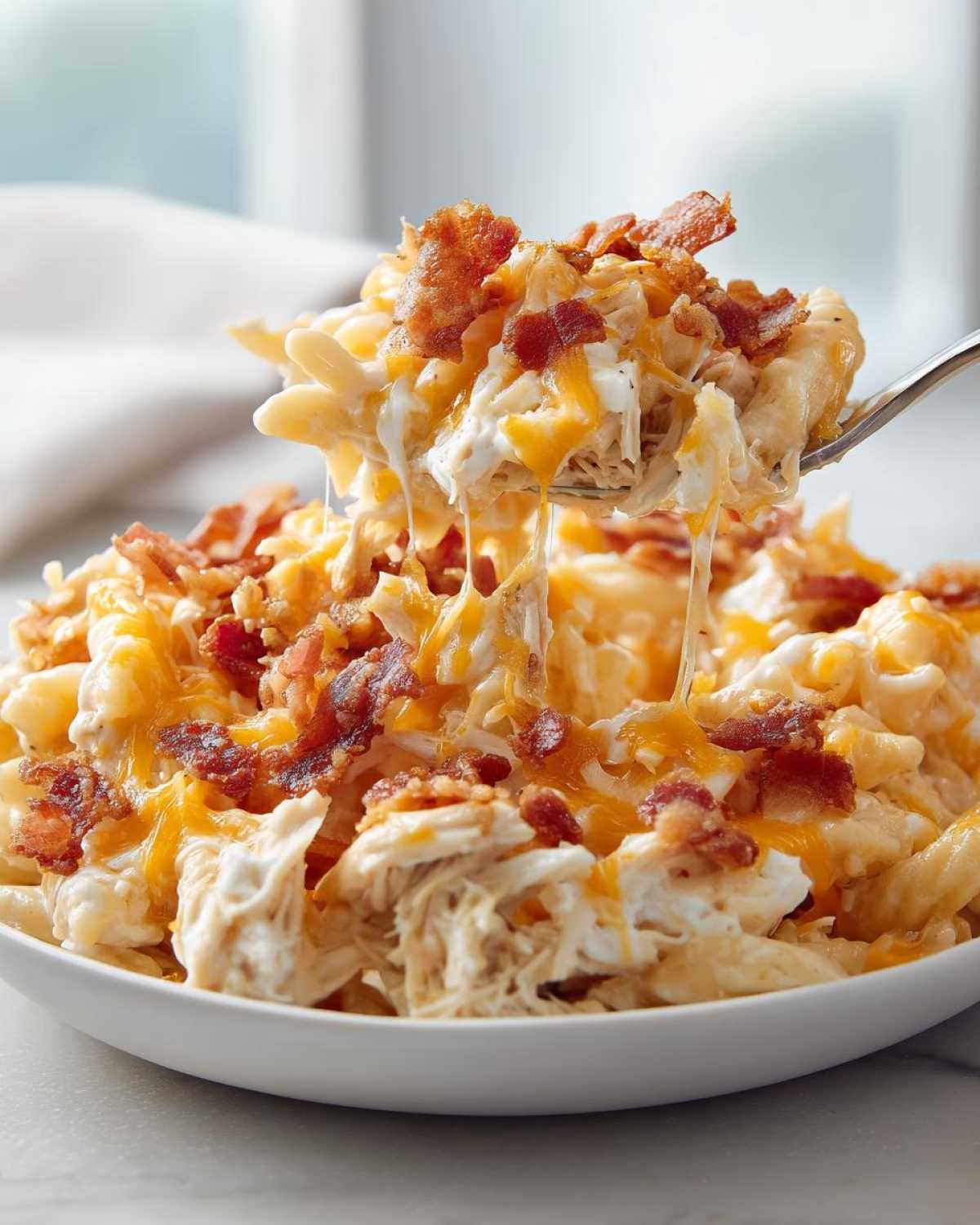 A spoonful of creamy Chicken Bacon Ranch Casserole being lifted from a white bowl, showing melted cheese and crispy bacon bits.