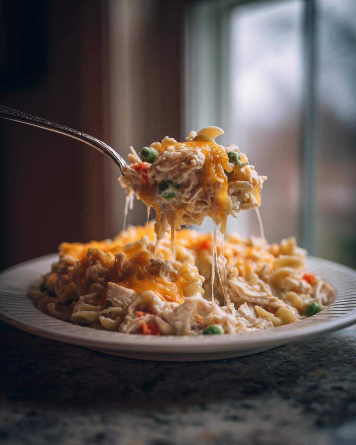 A fork lifting a creamy scoop of chicken noodle casserole topped with melted cheddar cheese, showing a dramatic cheese pull.