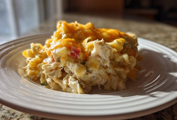 A close-up serving of creamy chicken noodle casserole topped with melted cheddar cheese on a white plate.