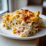 A close-up serving of creamy chicken noodle casserole topped with melted, browned cheddar cheese.