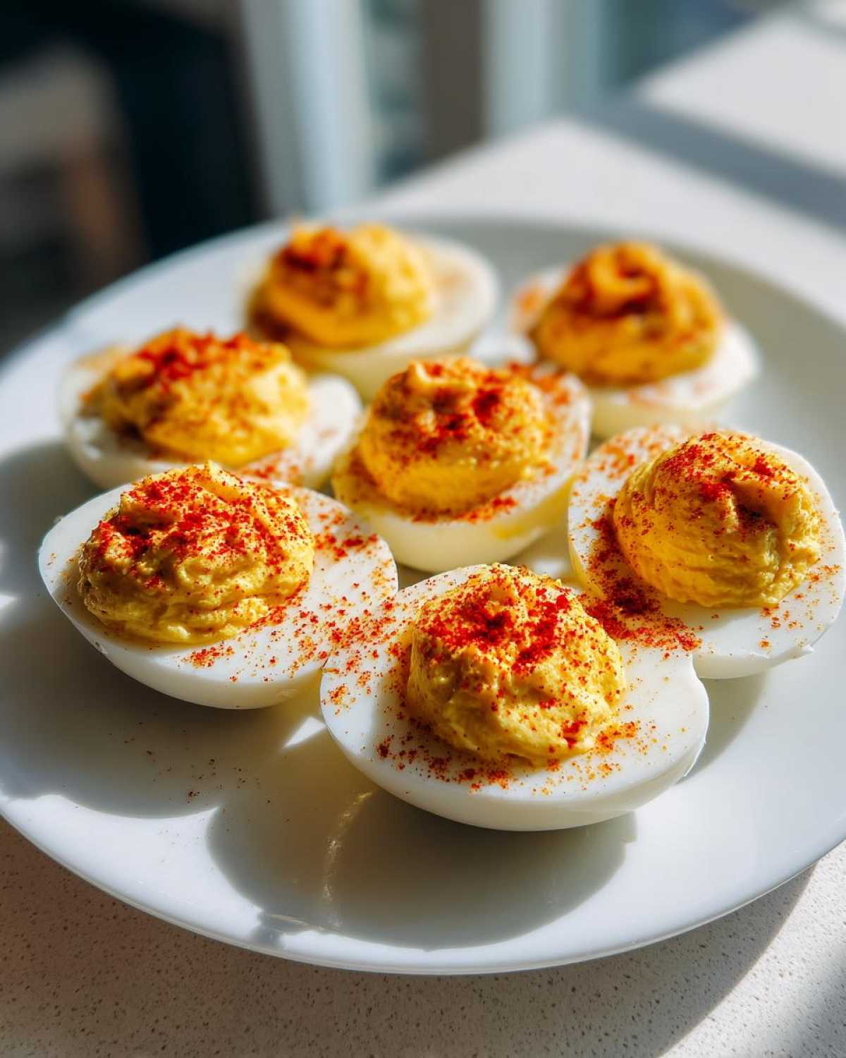 A plate of six creamy classic deviled eggs, piped high and generously dusted with bright red paprika.
