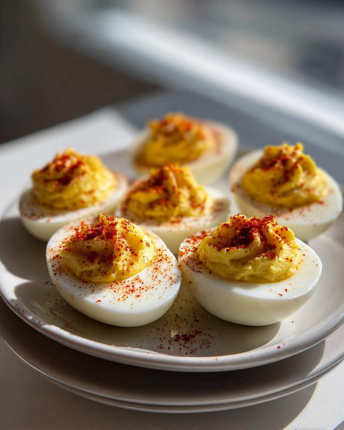 A plate of six perfectly piped classic deviled eggs, topped generously with bright red paprika.