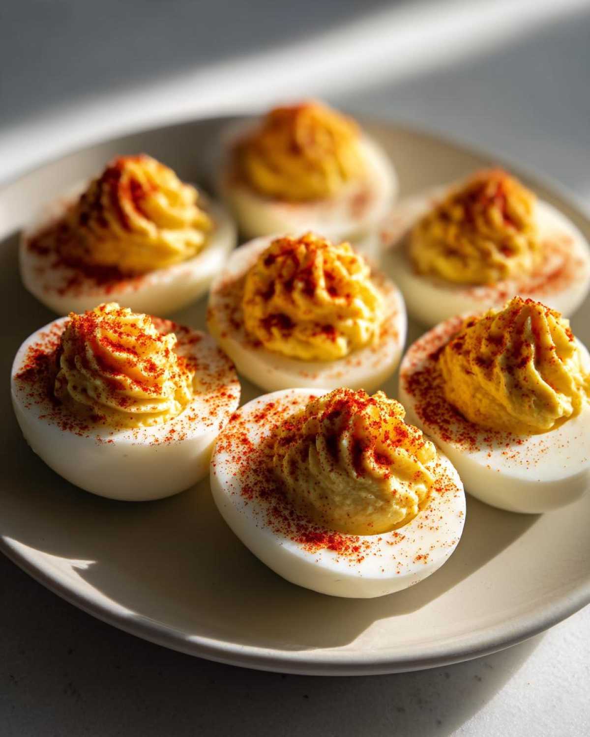 A plate of six perfectly piped classic deviled eggs, topped generously with bright red paprika.