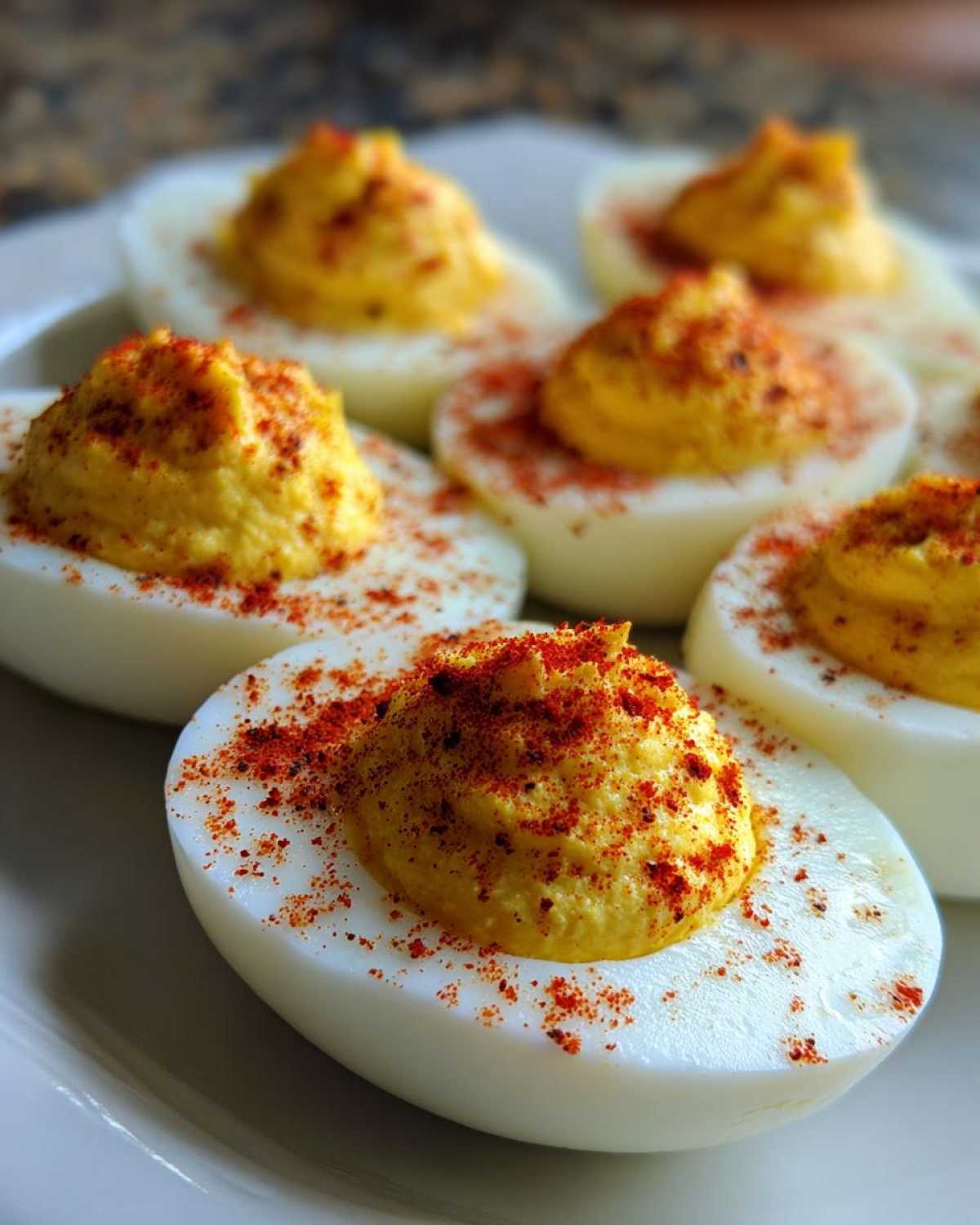 Close-up of creamy classic deviled eggs, piped high and dusted generously with bright red paprika.