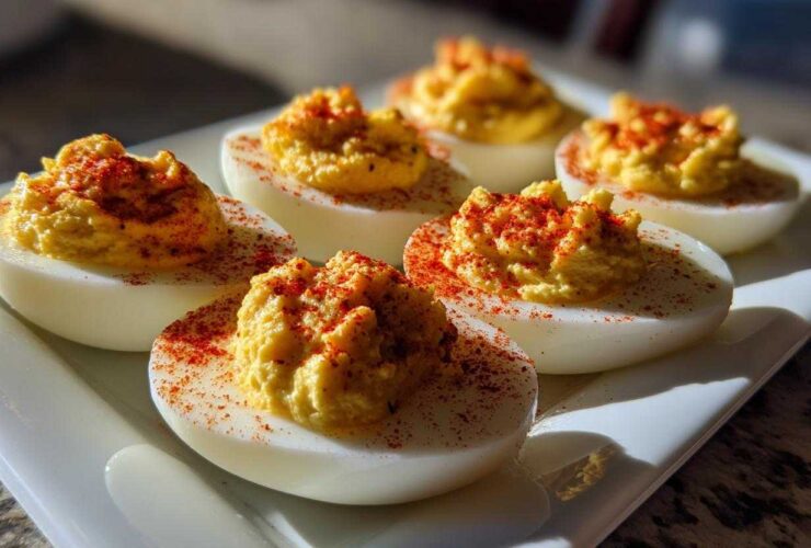 Six halves of classic deviled eggs filled with creamy yolk mixture and sprinkled with bright red paprika.