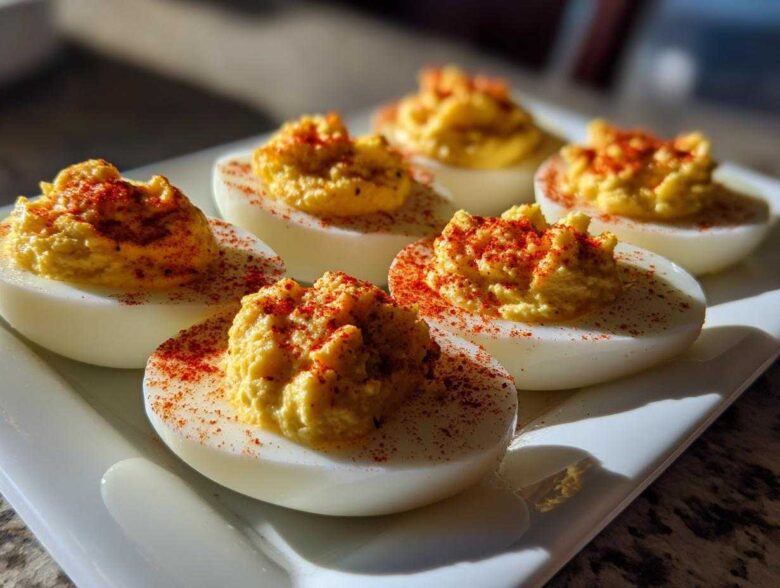 Six halves of classic deviled eggs filled with creamy yolk mixture and sprinkled with bright red paprika.