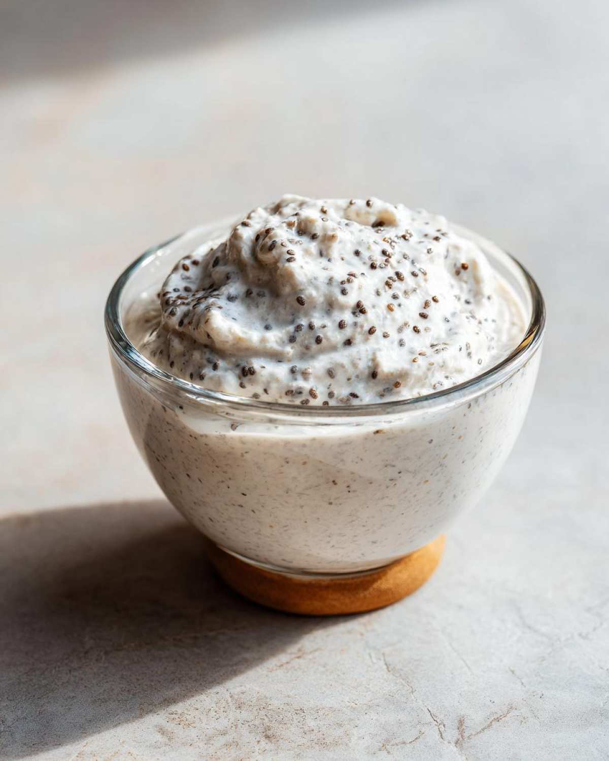 Close-up of creamy coconut chia pudding with visible chia seeds, served in a small glass bowl.