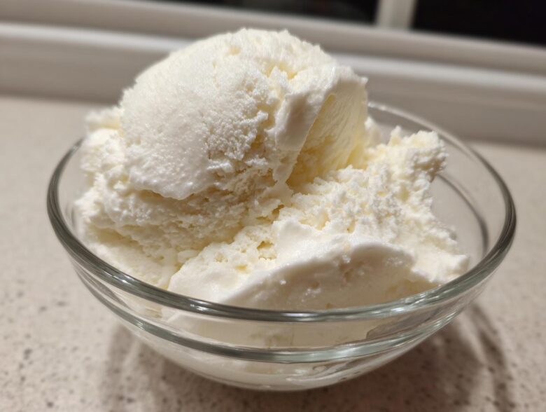 Close-up of several scoops of creamy white cottage cheese ice cream served in a clear glass bowl.