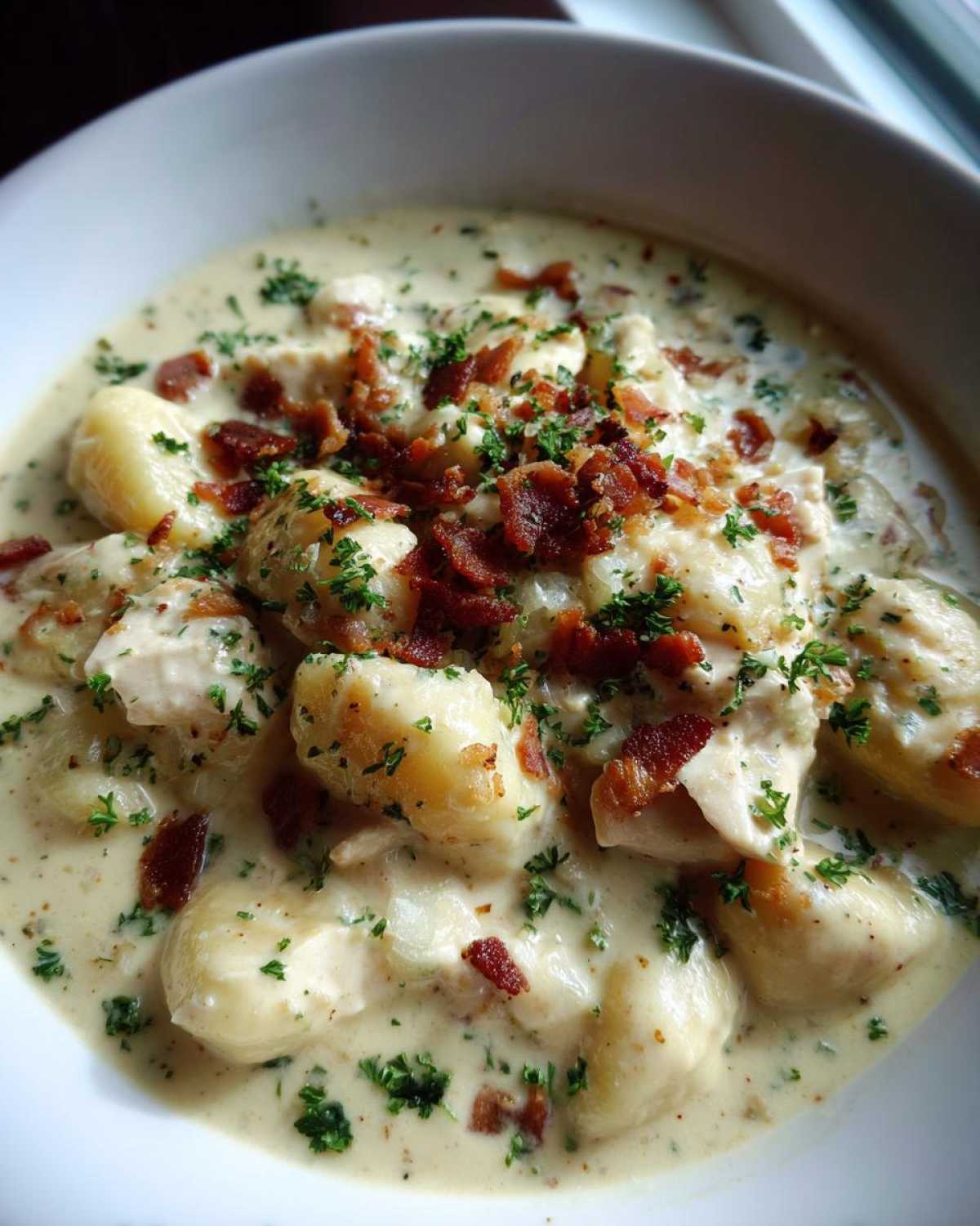 Close-up of a white bowl filled with creamy crack chicken gnocchi, topped with crispy bacon bits and fresh parsley.