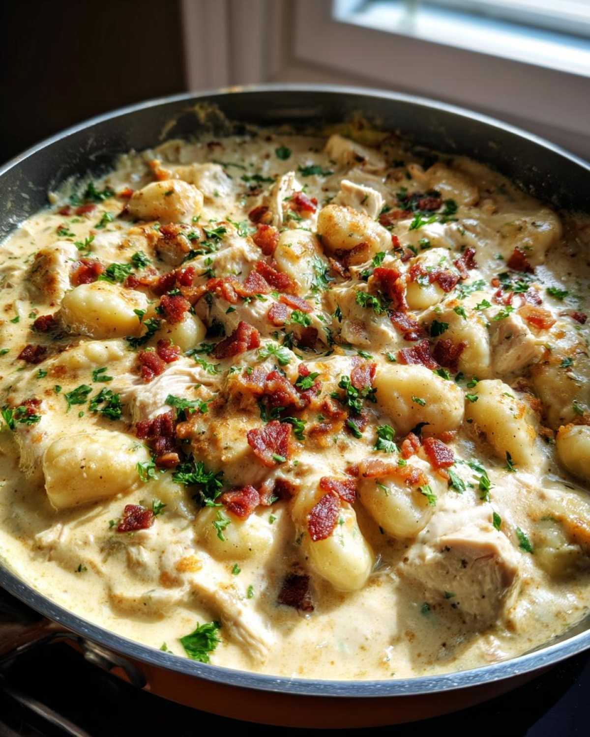 A close-up view of creamy crack chicken gnocchi cooking in a skillet, topped with crumbled bacon and fresh parsley.