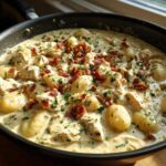 A close-up of creamy crack chicken gnocchi dish simmering in a black skillet, topped with bacon bits and parsley.