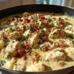 Close-up of creamy crack chicken gnocchi simmering in a skillet, topped with bacon bits and parsley.