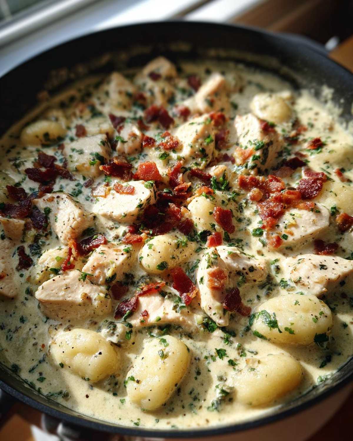 Close-up of creamy crack chicken gnocchi dish in a skillet, topped with bacon bits and parsley.