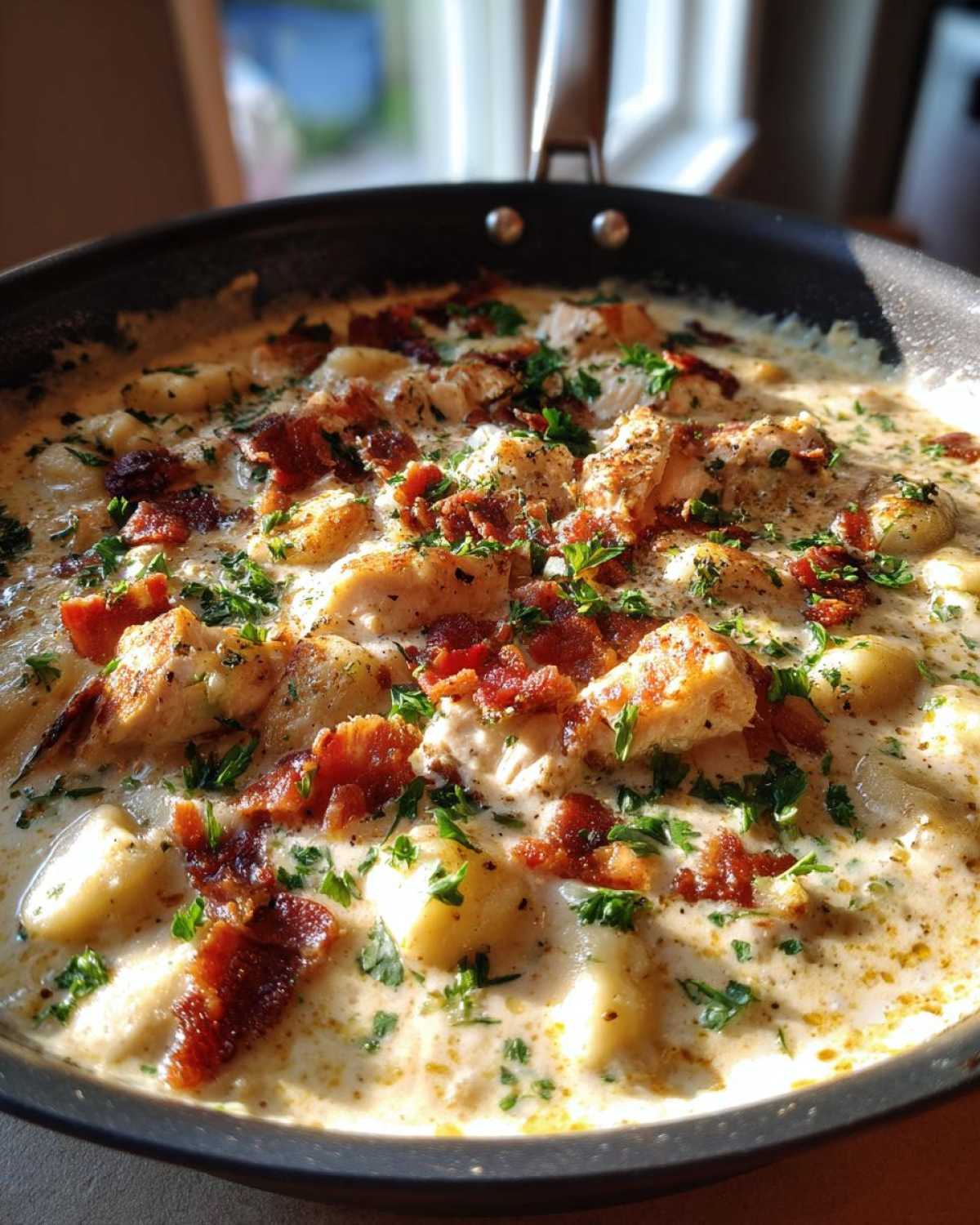 Close-up of creamy crack chicken gnocchi dish in a black skillet, topped with bacon and parsley.