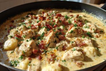 Close-up of creamy crack chicken gnocchi simmering in a skillet, topped with bacon bits and parsley.