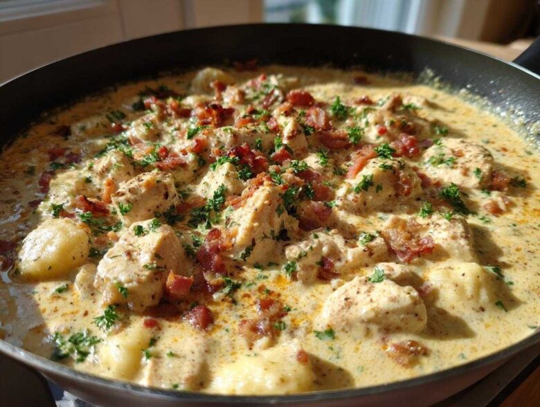 Close-up of creamy crack chicken gnocchi simmering in a skillet, topped with bacon bits and parsley.